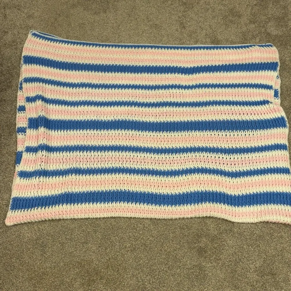 Crocheted Baby Blanket 50x80 Inches Blue Pink and White Handmade Soft Thick Nice